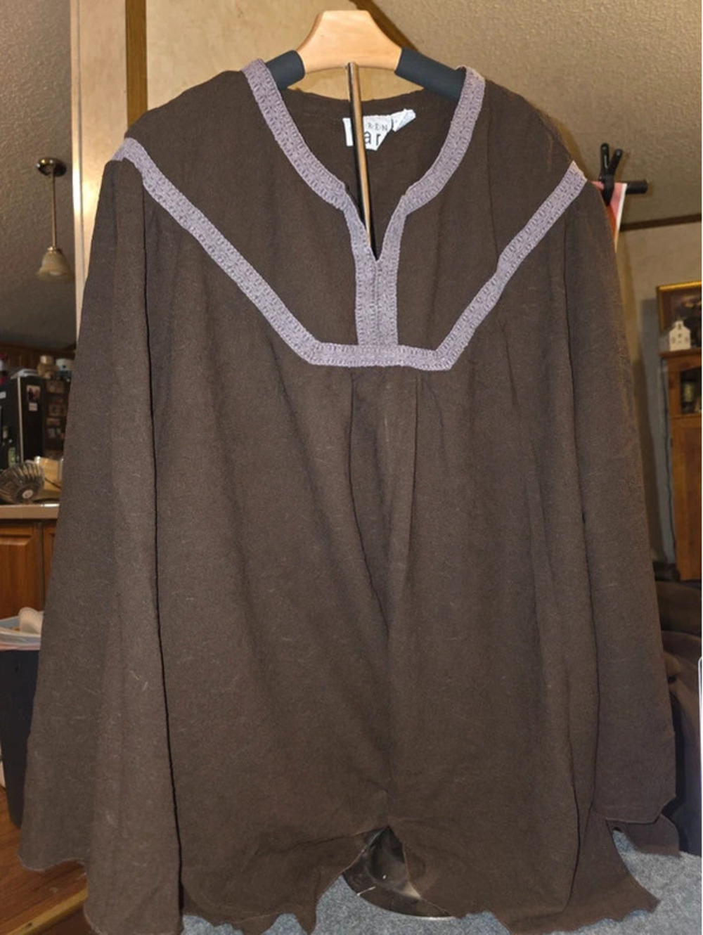 Keren Hart Woman Plus Size 2X Brown Crepe-Tex Embroidered Notch Neck Blouse